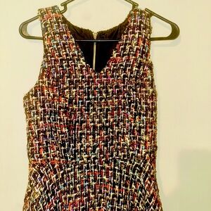 Moda Me Couture Allover Print V Neck tweed Dress Gold Black Red nwot xs s 2 4